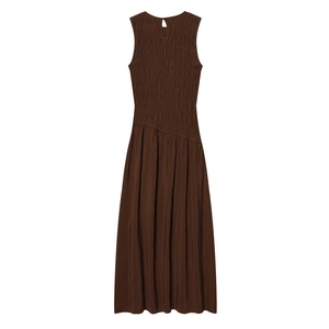 Elegant sleeveless dark brown maxi dress with smocking details and asymmetrical waist