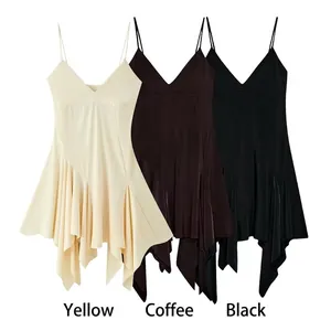 Women Sexy Asymmetrical Spaghetti Strap Dress V-Neck Backless Ruffle Hem Bodycon Mini Dress For Party Clubwear