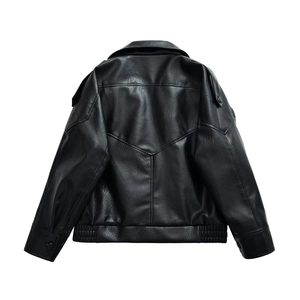 Rear view of minimalist black faux leather jacket with stand collar and epaulets