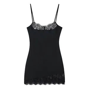 Vestito a Camisole in Raso Nero da Donna Con Pizzo Ciglia Scollo a V Senza Maniche Slim Fit Mini Slip Dress Party Estate
