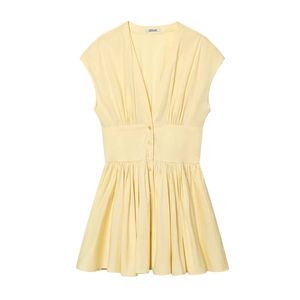 Women's Sexy Sleeveless V-Neck Mini Dress Fashion Pleated A-Line Poplin Short Dress For Summer Party Daily Vacation