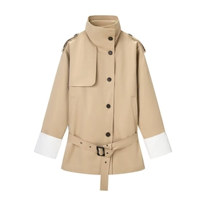 Elegant Khaki Contrast White Cuffs Mid-Length Trench Coat With Belt Epaulettes Wool Blend Stand Collar Women Outerwear