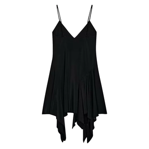 Elegant black asymmetrical midi dress with thin straps and ruffled hem on white background