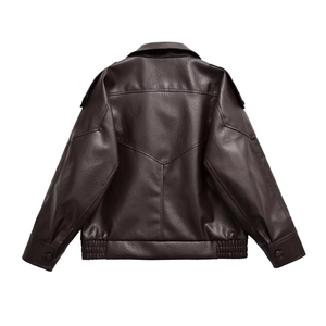 Back view of a dark brown faux leather jacket with stand collar and epaulette shoulder details