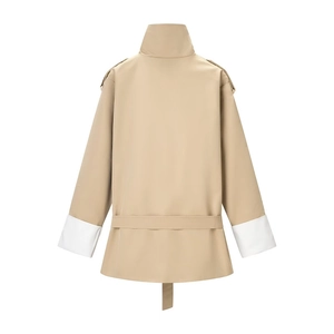 Khaki mid-length trench coat with contrasting white cuffs and waist belt view from back