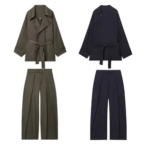 Damen Casual Polyester Bindegürtel Revers Jacke Und Hohe Taille Falten Weite Hose Elegant Pendler Top Bottom