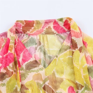 Elegant floral print V-neck chiffon dress with vibrant watercolor patterns and pleated collar
