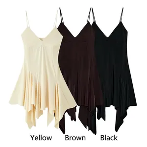 Chic V-neck asymmetric ruffled spaghetti strap dresses in beige, brown and black colors