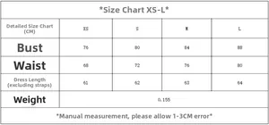 Size chart showing bust, waist and length measurements for floral print mini dress
