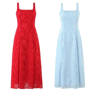 Detail of red and light blue sleeveless dresses featuring floral jacquard texture fabrics