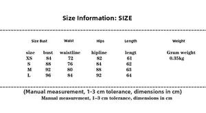 Size chart table for women's dress with bust, waist and length in cm for XS to L