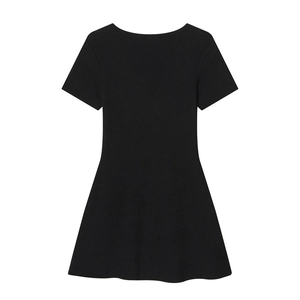 Detailed back view of a black short-sleeved knitted mini dress with A-line skirt cut