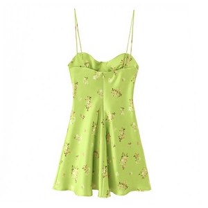 Detail of lime green floral satin mini dress featuring thin straps and back invisible zipper