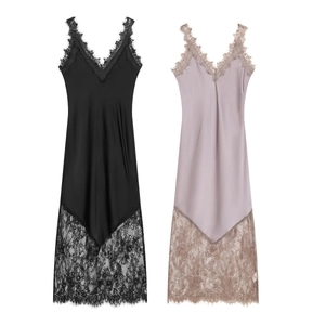 Damen Sexy Satin Slip Maxi Kleid Mit Wimpernspitze V-Ausschnitt Ärmellos Slim Fit Sommer Party Streetwear Mode Langes Kleid