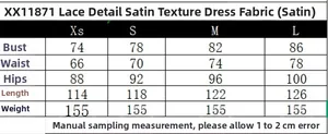 Size chart table for satin lace dress including bust, waist, and hip measurements