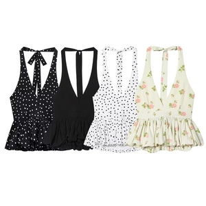 Damen Sexy Tiefer V-Ausschnitt Neckholder Top Schößchen Saum Rückenfrei Polka Dot Blumig Ärmelloses Unterhemd Sommer Shirt