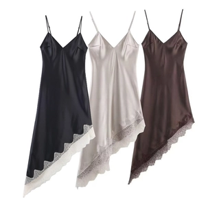 Women's Sexy Satin Maxi Dress With Lace Trim V-Neck Spaghetti Strap Asymmetrical Hem Elegant Party Night Slip Dress