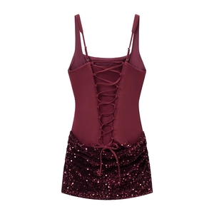 Lace-up open back detail of a wine red sleeveless party dress with sequin skirt