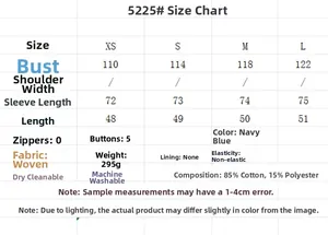 Size chart for navy cotton puff sleeve blouse showing bust and length measurements