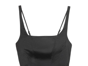Close-up of black square-neck camisole with adjustable spaghetti straps and silky fabric