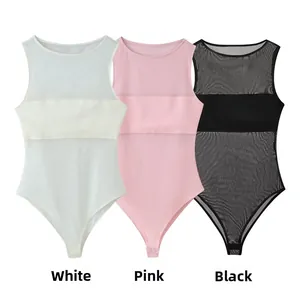 Detailed flat lay of sleeveless mesh bodysuits in white, pink, and black colors