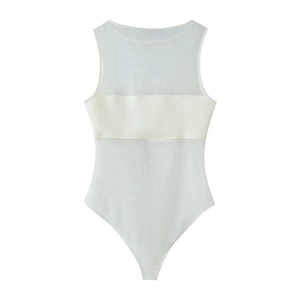 Detail view of white sheer mesh bodysuit showing spliced fabric and sleeveless design