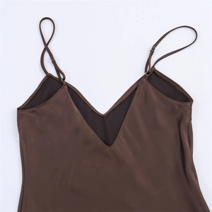 Detailed view of dark brown satin V-neck dress with adjustable thin shoulder straps