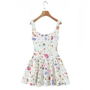 Sleeveless floral A-line dress with sunflower and butterfly prints and square neckline