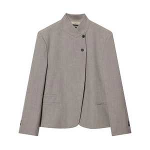 Damen Mode Asymmetrisch Hochgeschlossen Blazer Jacke Casual Stehkragen Einreihig Langarm Einfarbig Polyester Top