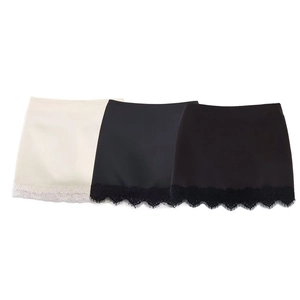 Short Jupe-culotte Sexy en Satin pour Femme Bord en Dentelle Taille Haute Mini Skort Design Fendue pour Fête Club