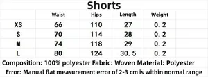 Size guide for women's casual mini shorts listing waist, hip, and length in centimeters