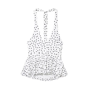 Detailansicht von V-Ausschnitt, Neckholder-Bindung und Schößchensaum am Polka-Dot-Oberteil