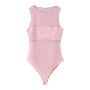 Detailed flat lay of a pink sheer mesh bodysuit featuring a crew neck and sleeveless design