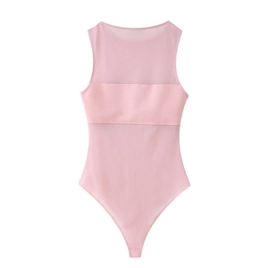 Detail view of pink sleeveless bodysuit featuring sheer mesh and opaque fabric panels