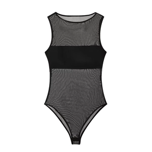 Close-up of black sheer mesh bodysuit with round neck and solid chest paneling