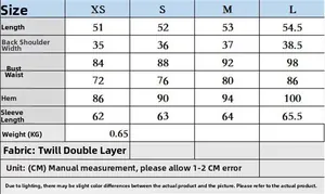 Detailed size chart for women shoulder pad blazer jacket showing XS to L measurements