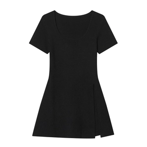 Slim fit black short sleeve knitted dress with scoop neck and side slit design
