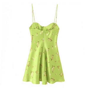 Floral print satin slip dress in light green with slim fit and sweetheart neckline