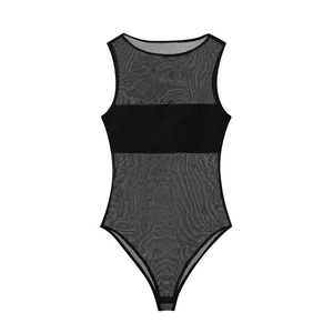 Detail view of black sleeveless bodysuit with sheer mesh panels and solid chest trim