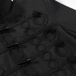 Detail of black military style jacket with woven toggle buttons and intricate rope design