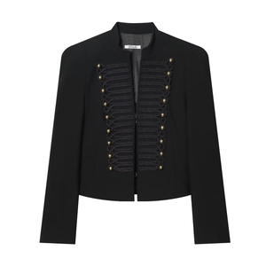 Women Military Style Short Blazer Gold Button Braided Closure Stand Collar Vintage Elegant Commuter Outerwear Black