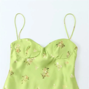 Floral print satin camisole in light green with adjustable straps and structured cups