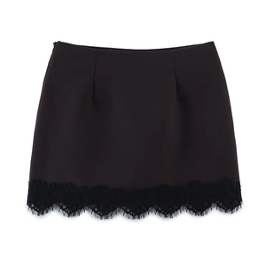 Mini-jupe short noire coupe en A pour femme avec bordure en dentelle et zip invisible