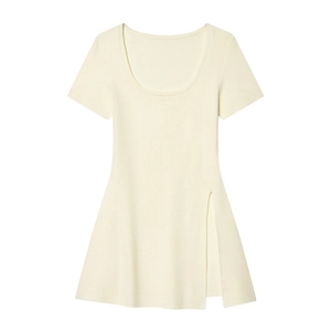 Chic cream slim fit short sleeve dress featuring an elegant side slit and U-neckline