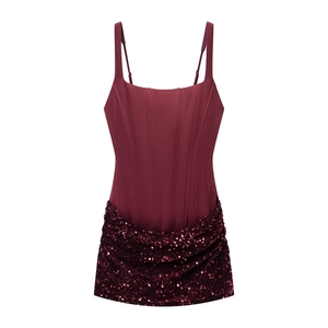 Burgundy sleeveless camisole top featuring sequin patchwork and slim fit boning structure