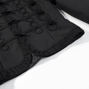 Detail of black military style jacket featuring intricate hussar braiding and toggle buttons