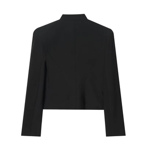 Rear view of a black cropped blazer with padded shoulders and tailored back seams