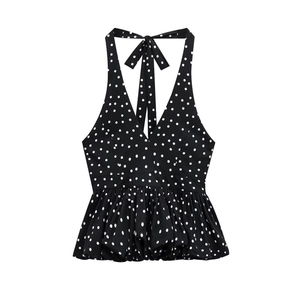 Schickes schwarzes Neckholder-Top mit weißen Punkten, V-Ausschnitt und Rüschensaum