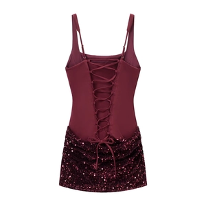 Women's burgundy sleeveless sequin mini dress with criss-cross back straps and sexy style