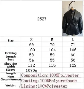 Detailed size chart for faux leather jacket including S, M, L measurements and 100% polyester
